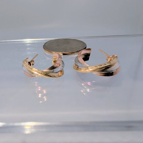 14K Tricolor Gold Semi Hoop Earrings With Diamond-Cut Design - Picture 2 of 8